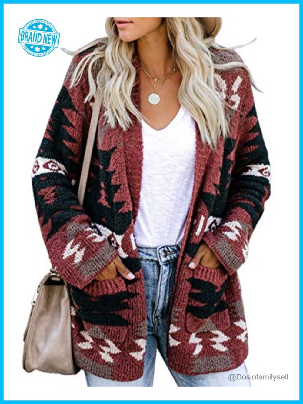 Boho Aztec Open Front Cardigan Loose Slouchy Knit Sweater